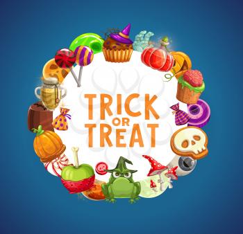 Halloween trick or treat candies and sweet food vector frame. Chocolate, pumpkin cakes and cookies, jellies, cupcakes and lollipops with skeleton skull, moon and witch hat, zombie hand, brain, eyeball