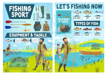 Fishing sport equipment, fish catch and fisherman tackle vector posters. Cartoon fisher and angler fishing with boat, net and rod, salmon, blue marlin and perch, hook, bait and lure, camp tent, paddle