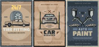 Car repair service, tire fitting and auto paint station retro posters of mechanic garage vector design. Cars on vehicle lifts with wheels, rims and spanners, air spray paint guns and wrenches