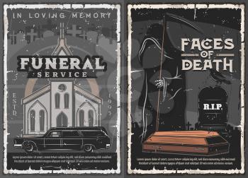 Funeral service, burial, cremation and interment ceremony vector design. Death with black coat, sickle, coffin and tombstone on cemetery, hearse car and church. Christian religion memorial rituals