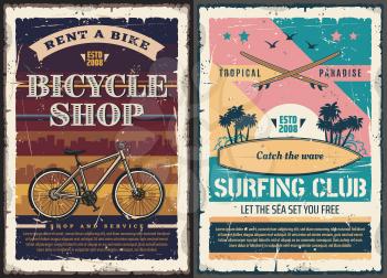 Surfing club and bicycle shop retro posters of outdoor activity, travel, sport, tourism and leisure design. Tropical beach waves, surfing board and bike, ocean island palm trees and surfboard