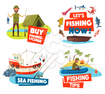 Fishing sport and fishery icons of vector fishermen, fishing boat and ship with fish and seafood. Net, rod and hook, sea marlin, ocean tuna and river salmon, crab, squid, perch and tourist tent