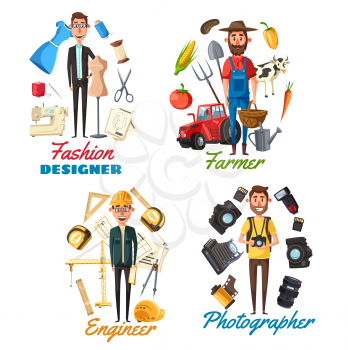 Construction engineer, farmer, photographer and fashion designer vector icons of profession design. Tailor, gardener, architect and cameraman cartoon characters with camera, tractor and sewing machine