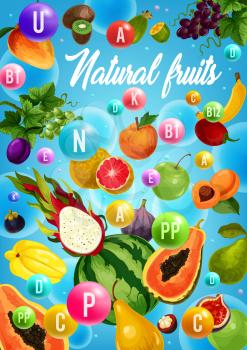Natural fruit vitamins, healthy vegetarian food design with tropical berries. Vector orange, apple and mango, banana, grapes and watermelon, pear, kiwi and fig, plum, carambola and dragon fruit
