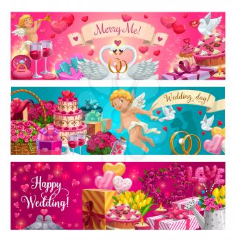 Happy wedding, merry me and save the date cards with engagement symbols. Vector marriage ceremony, holiday cake and couple of doves. Gifts and bouquets of flowers, heart shape balloons, love and rings