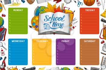 School timetable, week schedule and student classes weekly table on color notes. Vector school timetable with study supplies, pencils and notebooks, geography globe and school bag in leaves