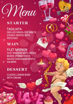 Wedding menu template with starter, main dishes and desserts and symbols of love and marriage. Vector list of dishes and glasses of wine, cupid and hearts. Padlock and lips, engagement rings, candle