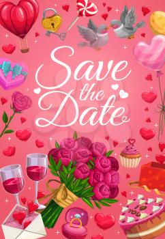 Save the date calligraphy, wedding day party invitation. Vector diamond wedding ring and gifts, doves with love message and heart balloons, roses flowers and I love you cake, golden key and lock