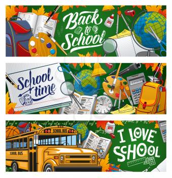 I love school, welcome back to school to start studying. Vector means of education, stationery items and transport. Yellow bus, Geography and Art, Maths and Astronomy subjects, lessons supplies