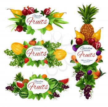 Fruit and berry vector icons of tropical and garden food. Orange, strawberry and exotic mango, pineapple, lemon and watermelon, grapes, pear and plum, peach and pomegranate with green leaves