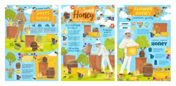 Beekeeper with honey bees, honeycomb and beehives at apiary. Vector beekeeping farm, apiarist and jars of flower honey, beekeeper suit, hat and smoker. Natural sweet food and apiculture design