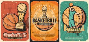 Basketball sport game championship match vector posters. Halftone orange balls, winner trophy cups and team player, arena backboard and laurel wreath. Sporting competition retro design