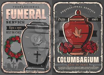 Funeral ceremony vintage design of burial, cremation and interment services. Vector columbarium with cinerary urns and cemetery with tombstones, floral wreath of rose flowers, memorial ribbons, doves