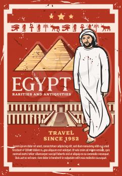 Travel to Egypt vector design of Egyptian pharaoh pyramids and ancient temple. Giza pyramids and Djeser-Djeseru temple with hieroglyphics of Horus eye, Ankh, Anubis god and bedouin in arab clothes