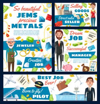 Jeweler, pilot, manager and seller professions vector design. Supermarket cashier, goldsmith, airman and financial advisor occupations, cash register, plane and jewelry, money, airport and gems