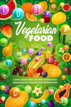 Vegetarian food vitamins vector design with exotic fruits and tropical berries. Health benefits of orange, banana, papaya and apple, fig, mango and grapes, durian, lemon, passion and dragon fruits
