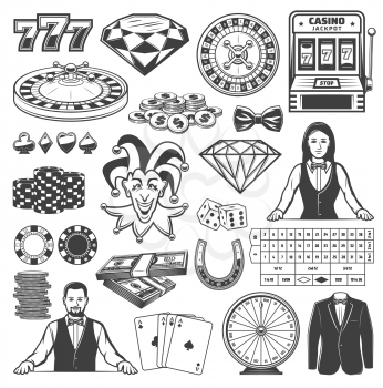 Casino and gambling games vector icons of roulette, dice and chips, poker table, play cards and slot machine, fortune wheel, lucky 777 and croupier, diamond, joker and money. Gaming industry themes