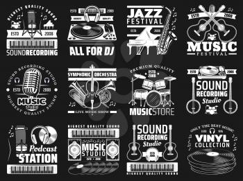 Musical instrument and sound recording studio equipment vector icons of music design. Piano, guitar and vinyl record player, microphone, drum and headphones, saxophone, violin and musical notes badges