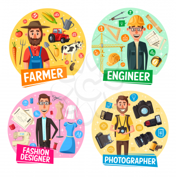 Engineer, farmer, photographer and fashion designer vector icons with professions of construction, agriculture, photography and fashion industry. Tailor, architect, cameraman, gardener with work tools