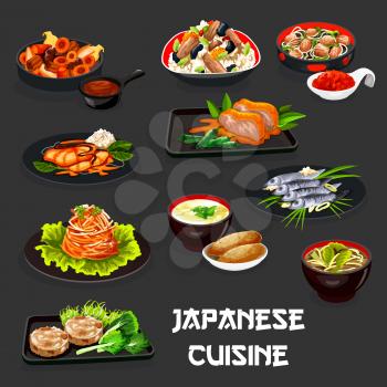 Japanese cuisine meat dishes with baked fish and asian vegetables. Vector chicken rice with eggs and seaweed, fried chicken with peppers, pork in ginger sauce, mushroom miso soup, potato, yam dip
