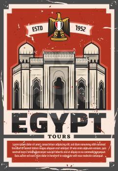 Travel to Egypt vector design of ancient Egyptian mosque in Alexandria and heraldic symbol of golden eagle and ribbon banner. Architectural travel landmarks of ancient Egypt, tourism themes