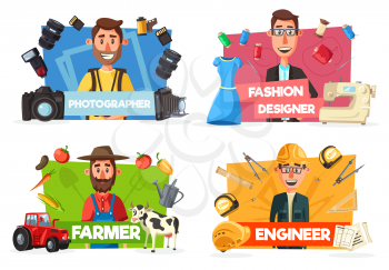 Professions of engineer, farmer, photographer and fashion designer vector icons. Professional workers of construction, agriculture, fashion and photography industry with work tools, occupations design