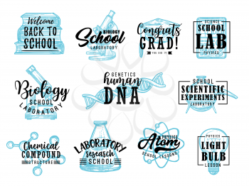 Back to School lettering icons with education supplies of chemistry, physics, mathematics and biology sciences. Books, microscope, laboratory glass and light bulb, DNA, atom, molecule model sketches