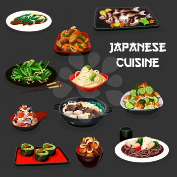 Japanese cuisine vegetable sushi, noodle and rice dishes with fish and meat. Vector salads with cucumber, eel and green peppers, bean and scallops, baked mackerel, beef stew with tofu and pumpkin