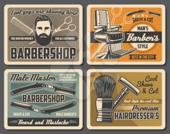 Barbershop retro posters with vector barber shop tools and equipments of hair cut, beard and mustache shave. Barber straight razors, chair and scissors, comb, shaving brush and head of bearded man