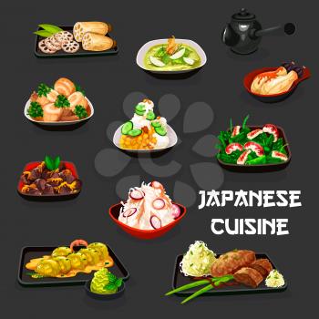 Japanese cuisine vector design of meat, vegetable and seafood stews with chicken giblets, eggplant, miso and sesame sauce, asparagus and shrimp, daikon and cabbage salads with pork and lotus root