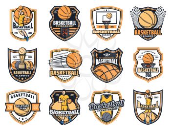 Basketball sport icons with vector balls, players and winner trophy cups, basket, hoop and scoreboard, uniform jersey and wings. Basketball club or team heraldic badges design