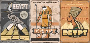 Ancient Egypt, Egyptian travel landmark and tourism vector design. Horus god, Nefertiti queen and bennu or phoenix bird, Giza pyramids, Ankh symbol and eye of Horus hieroglyphs, sacred bull and palm