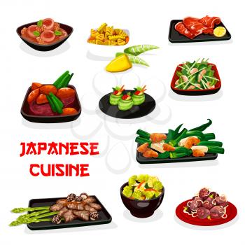 Japanese cuisine vector design of Asian vegetable dishes with meat and fish. Tuna cucumber sushi rolls, kobe beef and clam salad, chicken and pork stewed with miso sauce, bamboo, daikon and turnip
