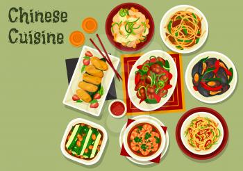 Chinese New Year dishes of Asian cuisine. Vector stir fried beef and noodles with chilli and oyster sauce, spicy shrimps, cashew chicken and cucumber salad with peanut, mussels, beans, milk dessert
