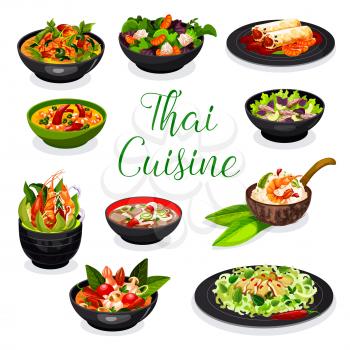 Thai cuisine soups with noodles, beef and fish, coconut milk and spicy chicken vector design. Spring rolls, meat and seafood salads with squid and cabbage, shrimp tom yum and risotto