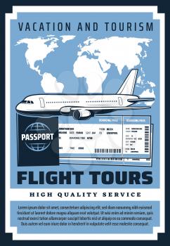 Vacation and tourism, flight tours on international airlines, passport and tickets. Vector retro map of world, plane and boarding pass. Airplane or aircraft, tickets on voyage, admission on board