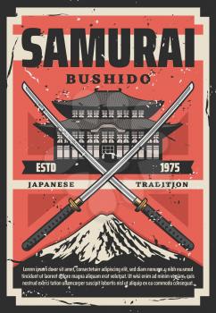 Samurai Bushido Japanese tradition, pagoda and crossed katanas. Vector Fuji mountain, katana sword symbols of fight, temple building. Principles of samurai way of life, warriors, Japan culture