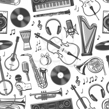 Music instruments seamless pattern of guitar, piano and violin with music notes. Vector folk maracas, jazz saxophone and DJ vinyl disc, record player and headphones and singer microphone pattern