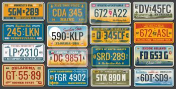 USA vehicle registration plates with state and city symbols. Vector American car number plates of Minnesota, Nevada and Maryland, Rhode Island or Memphis and Tennessee, New Jersey and Oregon