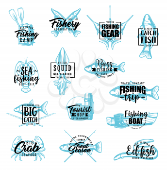 Fishing and fish catch lettering. Vector calligraphy symbols of fishery sport, fishing tackles and seafood squid, lobster crab and fisherman equipment hooks, and rods for marlin, tuna or salmon