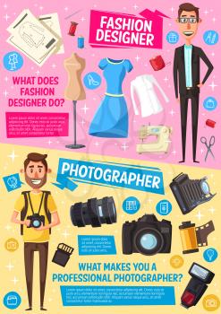 Fashion designer and photographer professions, dressmaking and photography industry. Vector people and professional work items, tailor sewing machine and scissors, journalist photo camera and films