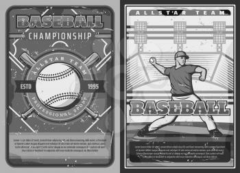 Baseball sport championship, professional team club game and league tournament vintage posters. Vector baseball or softball game player quarterback with bat and ball on arena field
