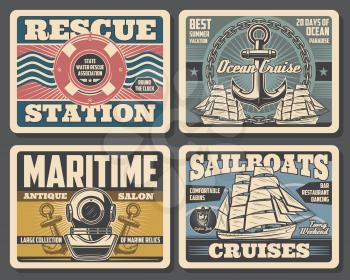 Nautical vintage posters, marine adventure and water swimmer rescue station. Vector marine relics antique salon, sailboat ocean cruises and summer vacations, aqualung with ship anchor and lifebuoy