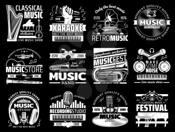 Vector musical instrument stores and shops, symphonic orchestra harp and piano, karaoke club, live music icons. Retro vinyl discs and record studios, microphones and headphones