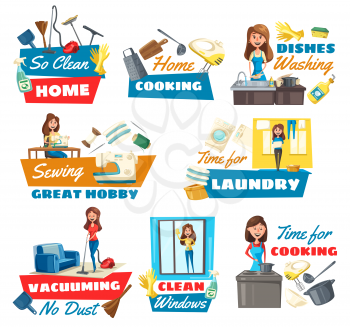 Cleaning, laundry, dish washing and cooking household service, vector icons. Housewife cleaning window, vacuuming carpet and sewing cloth. Kitchen utensil, cleaning tools