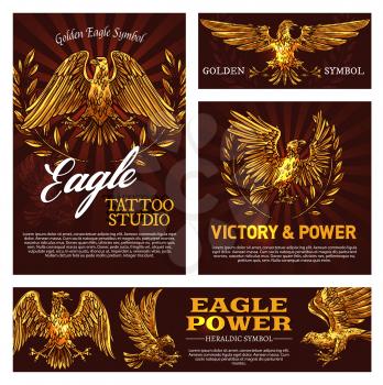 Golden eagle symbol of victory and power heraldry sign. Vector tattoo studio emblem with mascot bird, heraldic falcon and laurel branches. Flying feathered animal legendary beast symbolizing strength