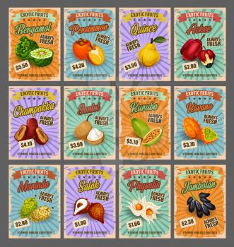 Exotic tropical fruits retro price cards, farm market. Vector bergamot and persimmon, quince and ackee, chambakka and santol, kuruba and kivano. Morinda and salak, physalis and jambolan exotic fruit