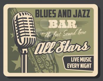 Blues and jazz live music, retro vector. Microphone and saxophone musical instrument. Vintage invitation with mic producing best sounds, brass trumpet, symphonic orchestra show with old sax
