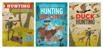 Hunting sport, hunt with wildlife animals and ducks. Vector hunter with rifle and boar, ammunition. Goose and bear, antelope and wolf, mouflon and crossbow. Huntsman, dog and trophies