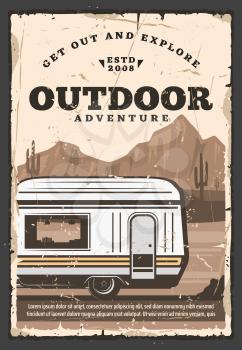 House on wheels trailer van, vector. Camping mobile house in desert with mountains and cactuses, recreational vehicle. Outdoor adventure, traveling caravan, cabin with window